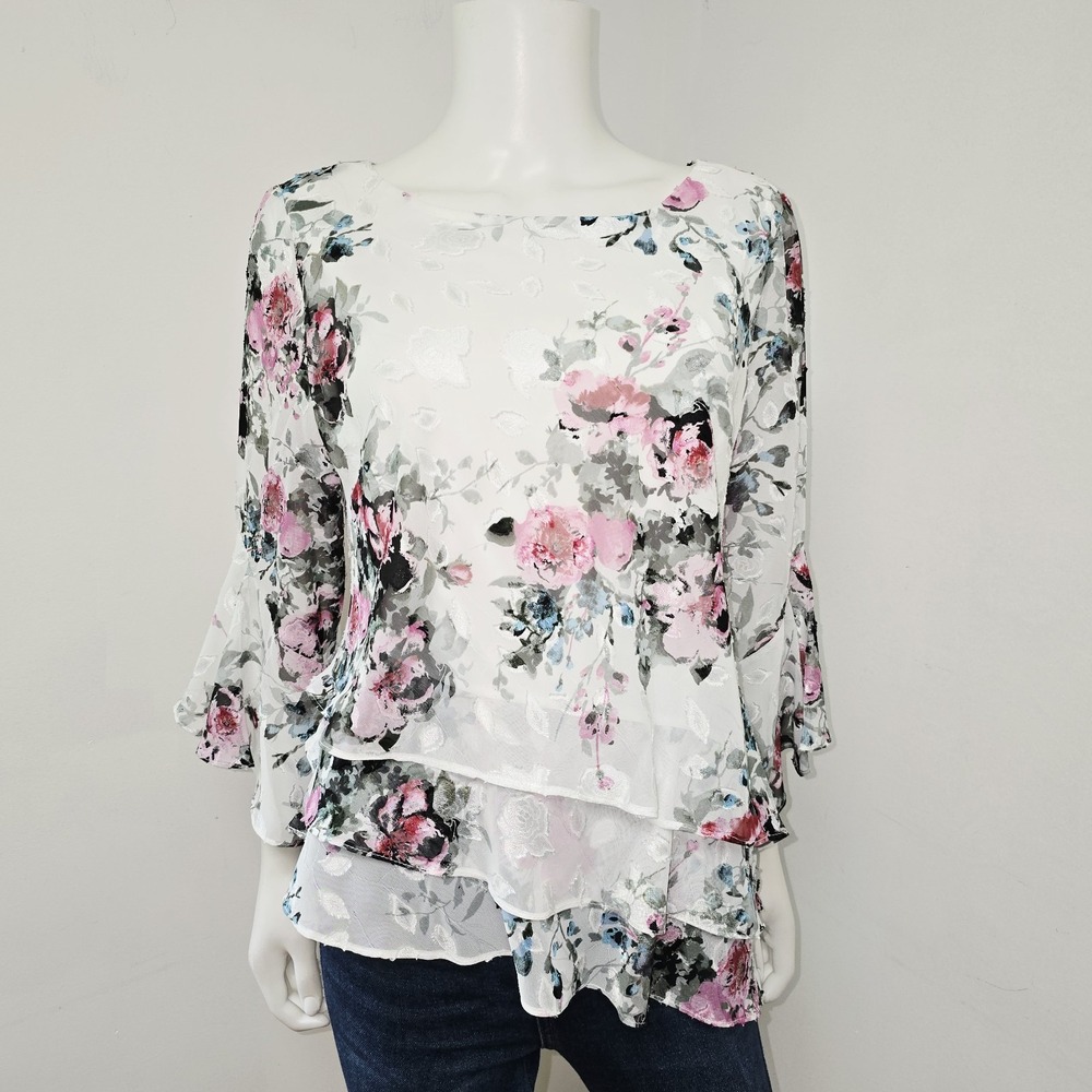 Alex Evenings Blouse Top Brocade Floral Layered Ruffle 3/4 Slv Cocktail Size L - Picture 2 of 9